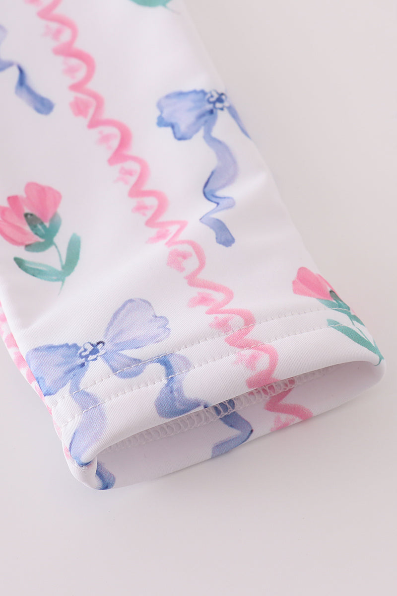 Blue floral bow rashguard 2pc swimsuit UPF50+