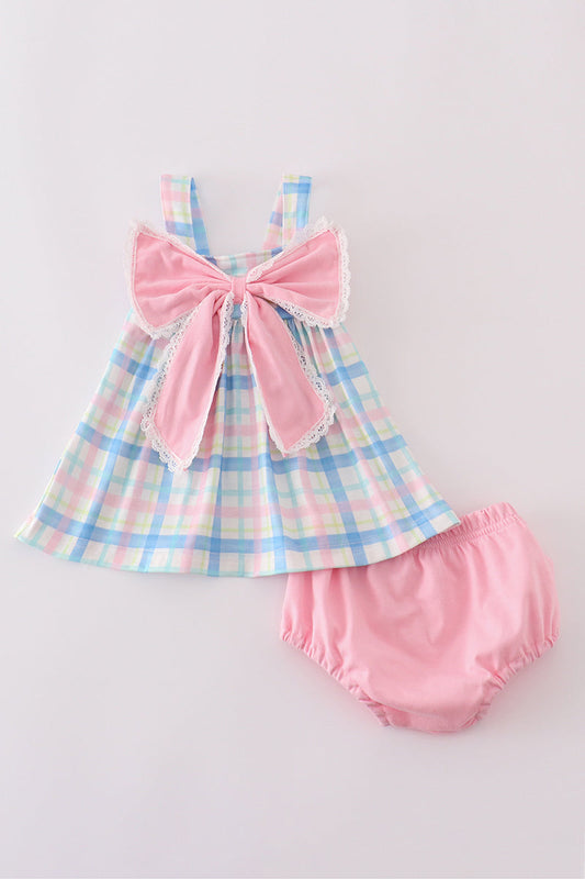 Pink plaid bow bloomer set